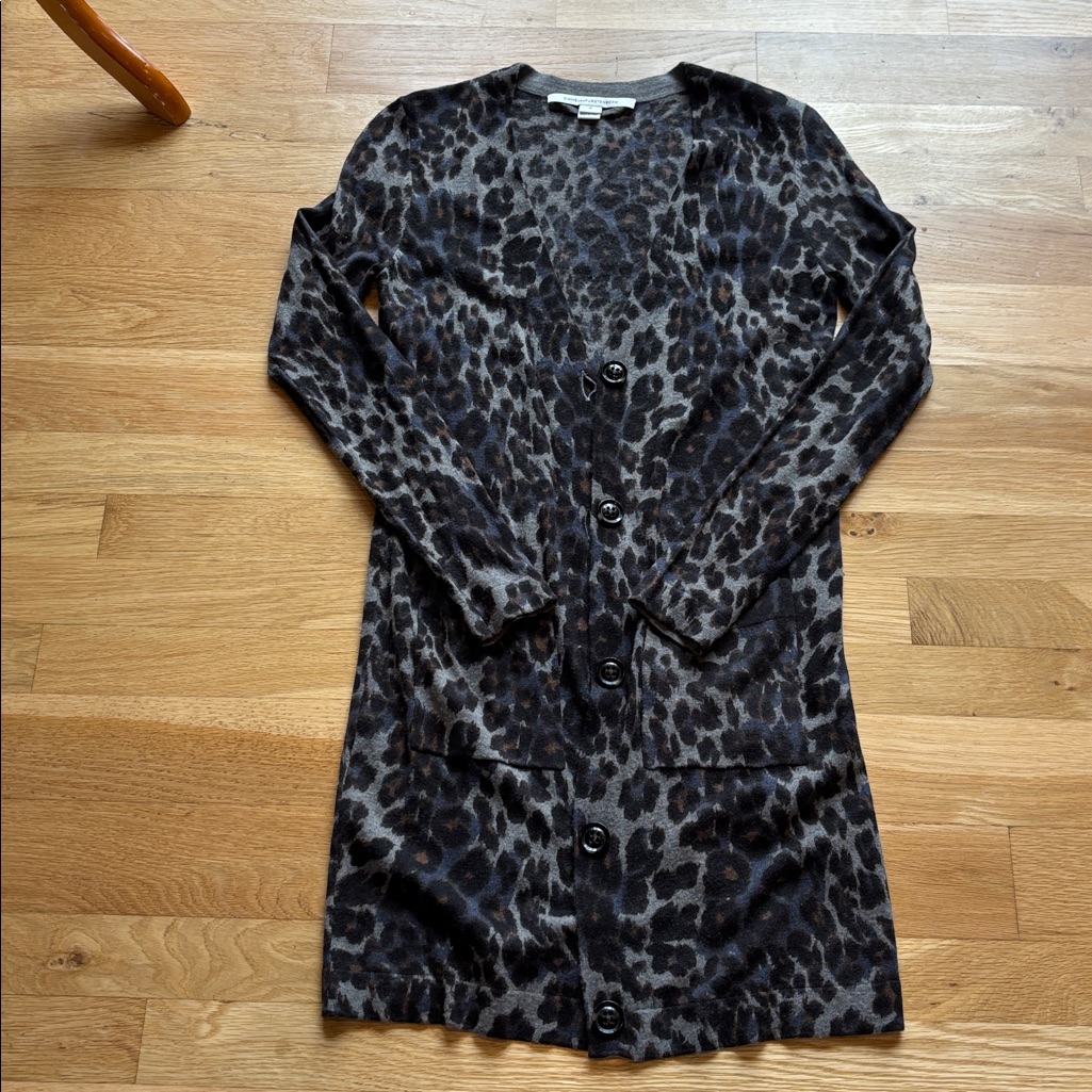 Diane Von Furstenberg Womenâs Long Cardigan Leopard/Animal Print Wool Blend Sm